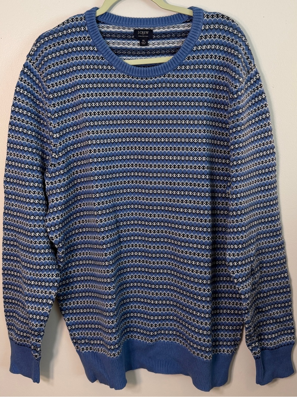 J. Crew Men XL sweater blue white geometric fair isle textured striped cotton
